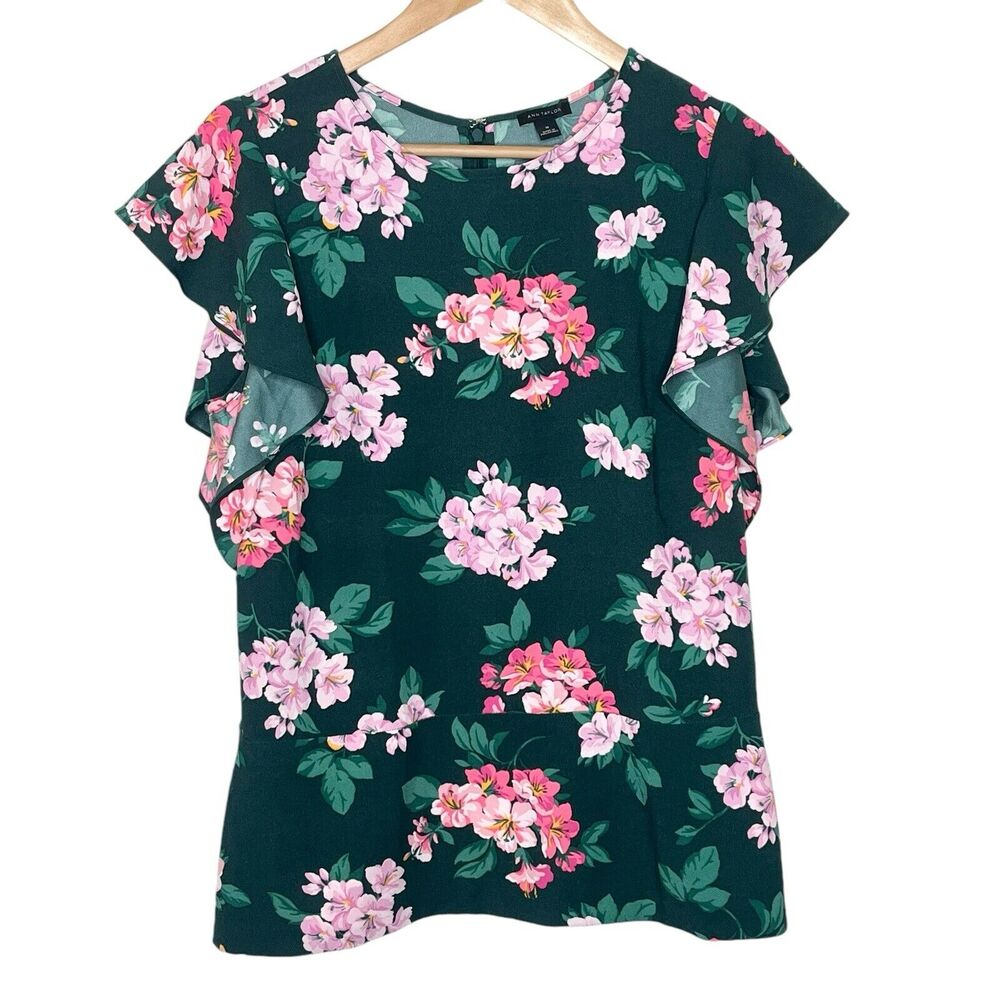 Ann Taylor Floral Short Sleeve Blouse Top Green Womens 10 Cottagecore Ruffled